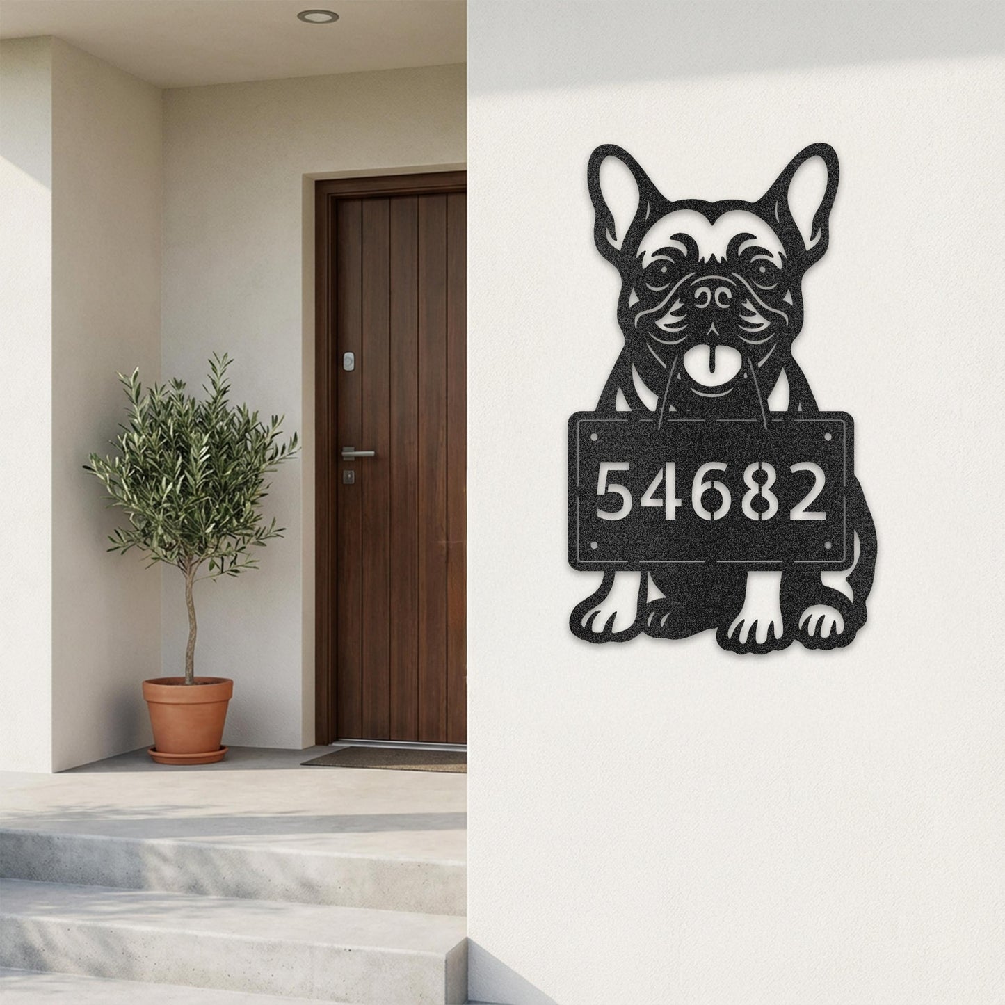 Black metal French Bulldog house number sign displayed on a modern front porch – custom number 54682
