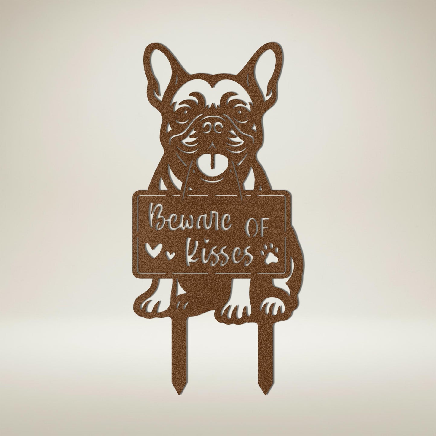 Copper finish French Bulldog “Beware of Kisses” metal garden stake on neutral background
