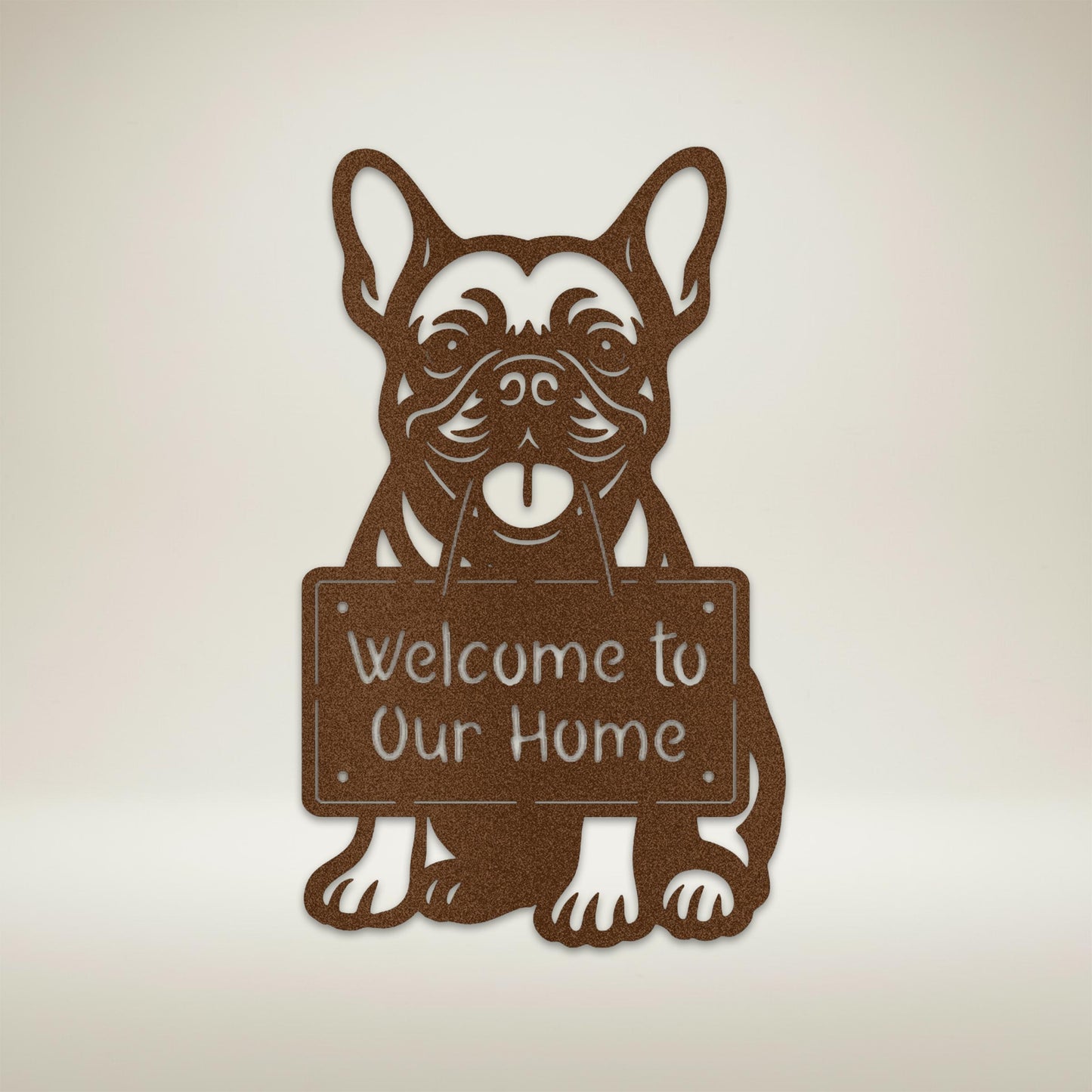 Copper French Bulldog “Welcome To Our Home” metal wall sign on neutral background
