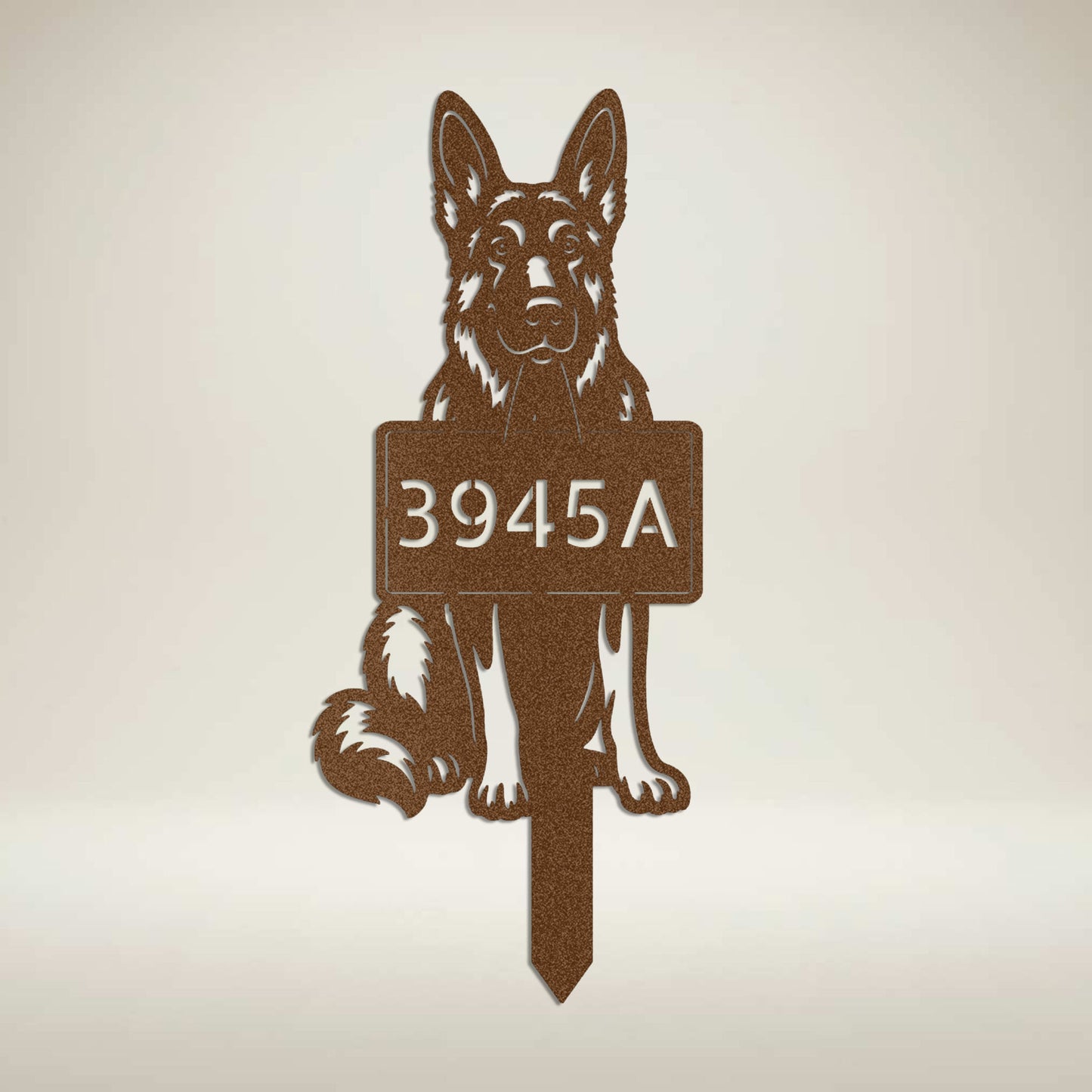 German Shepherd metal address garden stake in copper finish with personalized house number – Prime Steel Studio