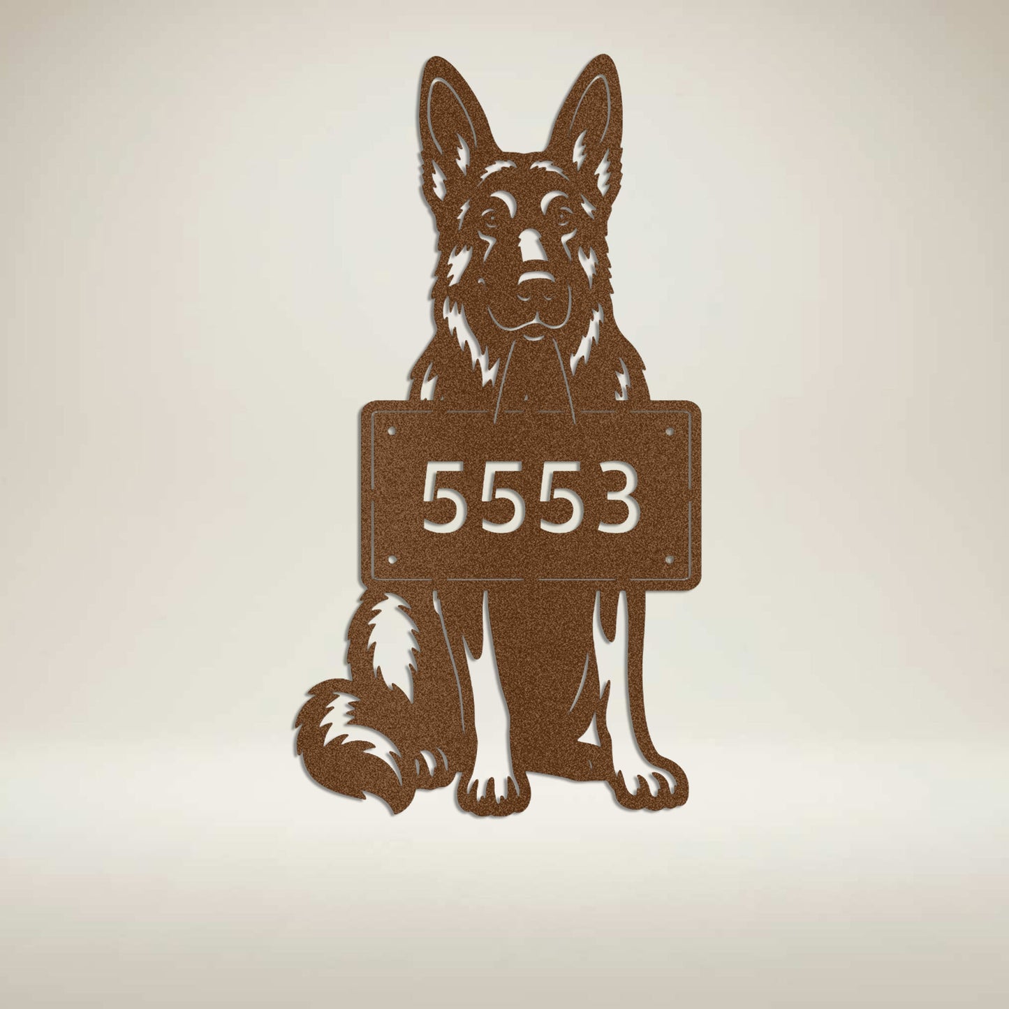 German Shepherd metal address wall sign in copper finish with personalized house number – Prime Steel Studio