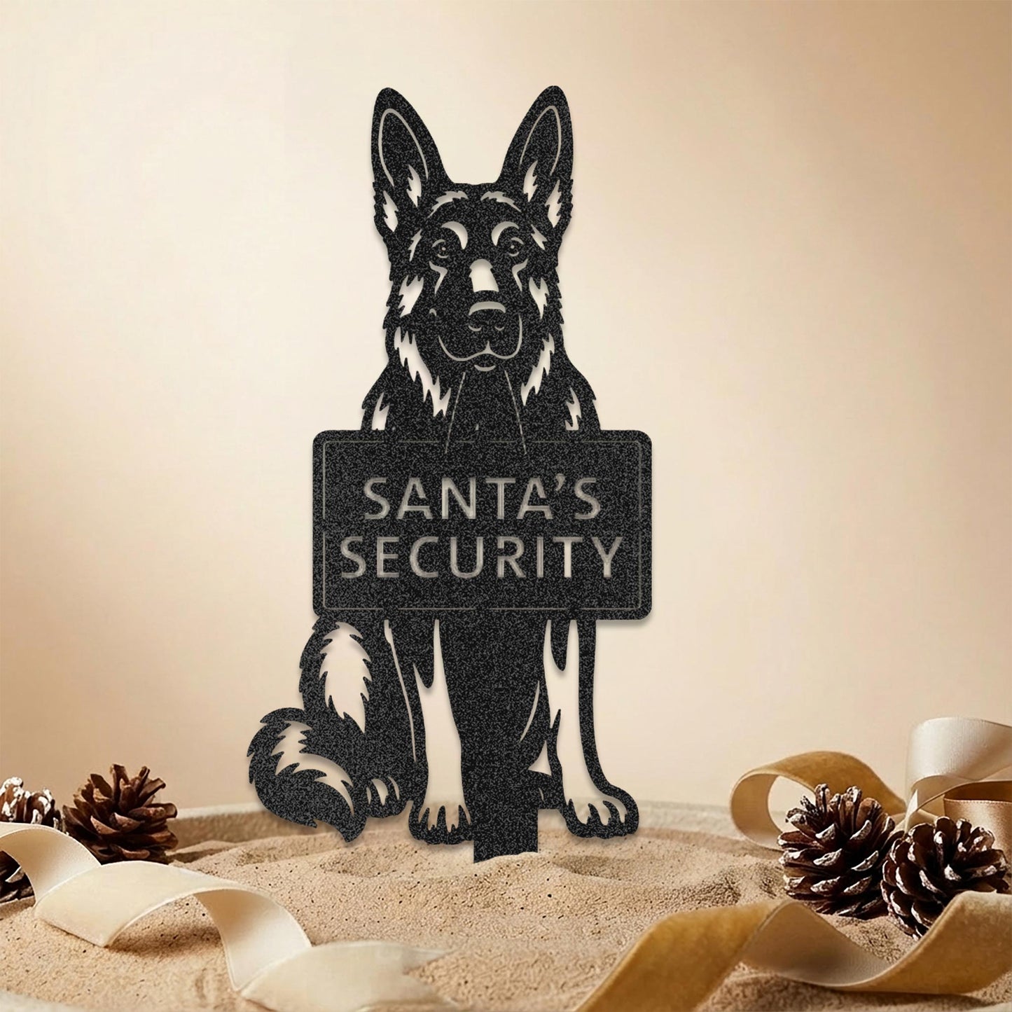 German Shepherd Dog holding sign : Santa’s Security, black color garden stake – Prime Steel Studio Christmas edition