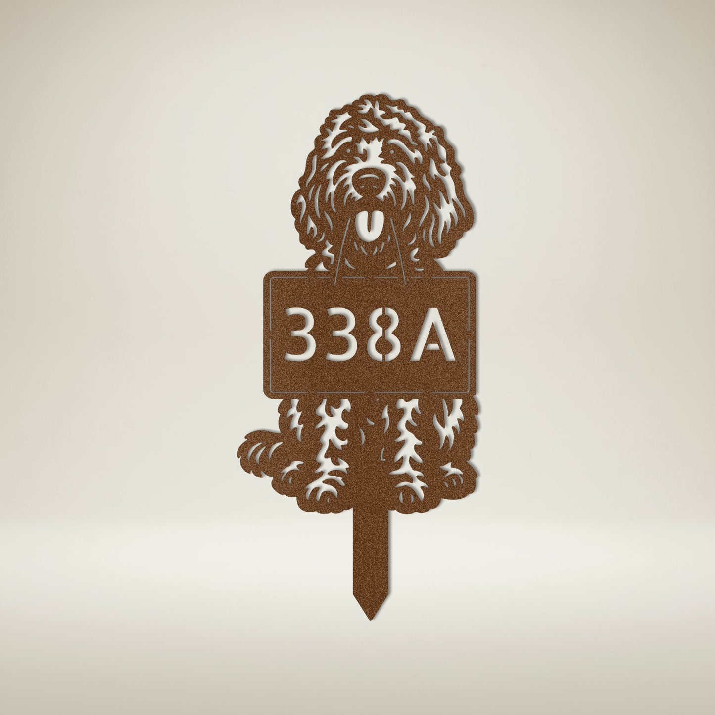 Copper Goldendoodle custom address garden stake.