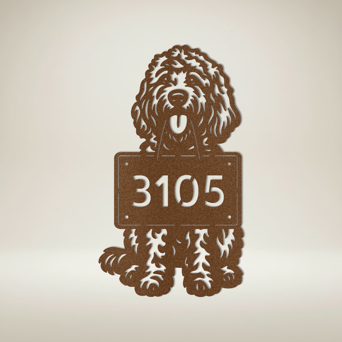 Copper finish Goldendoodle custom address wall sign.
