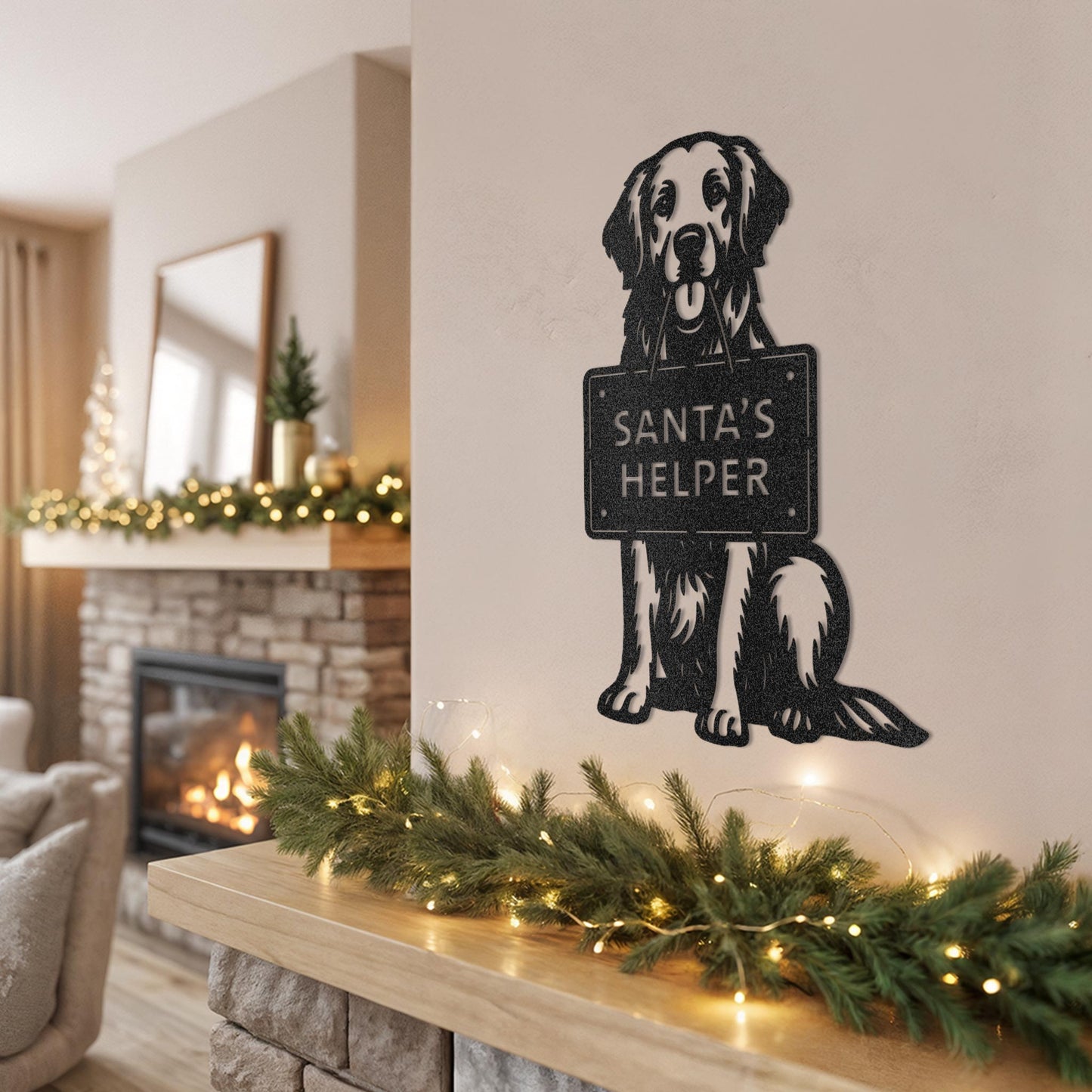 Golden Retriever Christmas wall sign – Santa’s Helper – displayed above holiday fireplace decor with garland and lights.