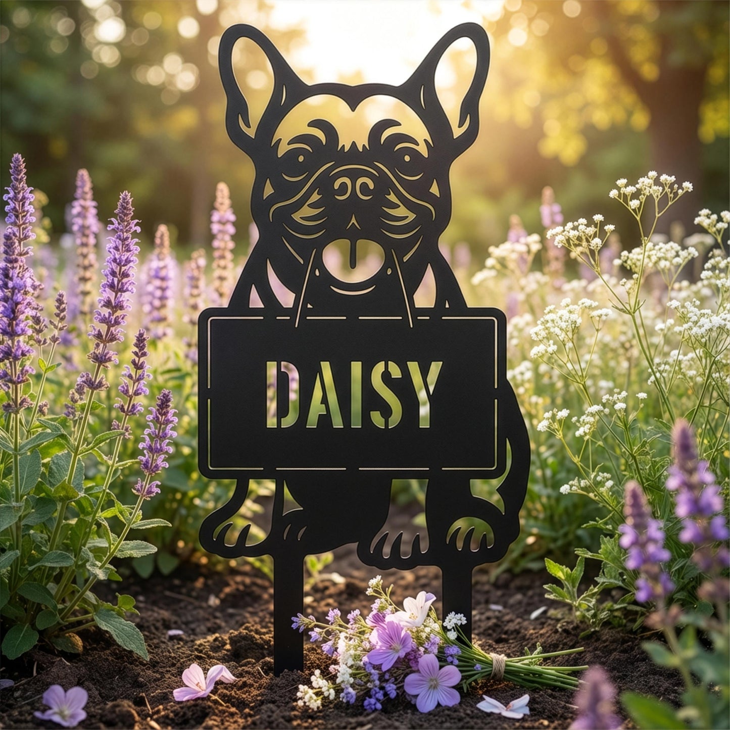 French Bulldog personalized memorial garden stake with DAISY name and flowers at sunset