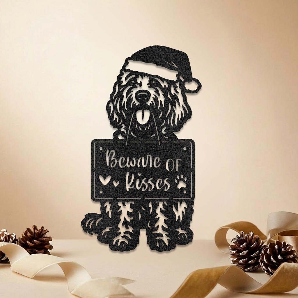 Goldendoodle Christmas Wall Sign – Dog with Santa Hat Metal Decor