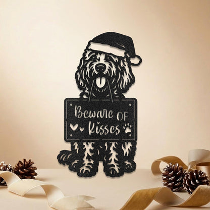 Goldendoodle Christmas Wall Sign – Dog with Santa Hat Metal Decor