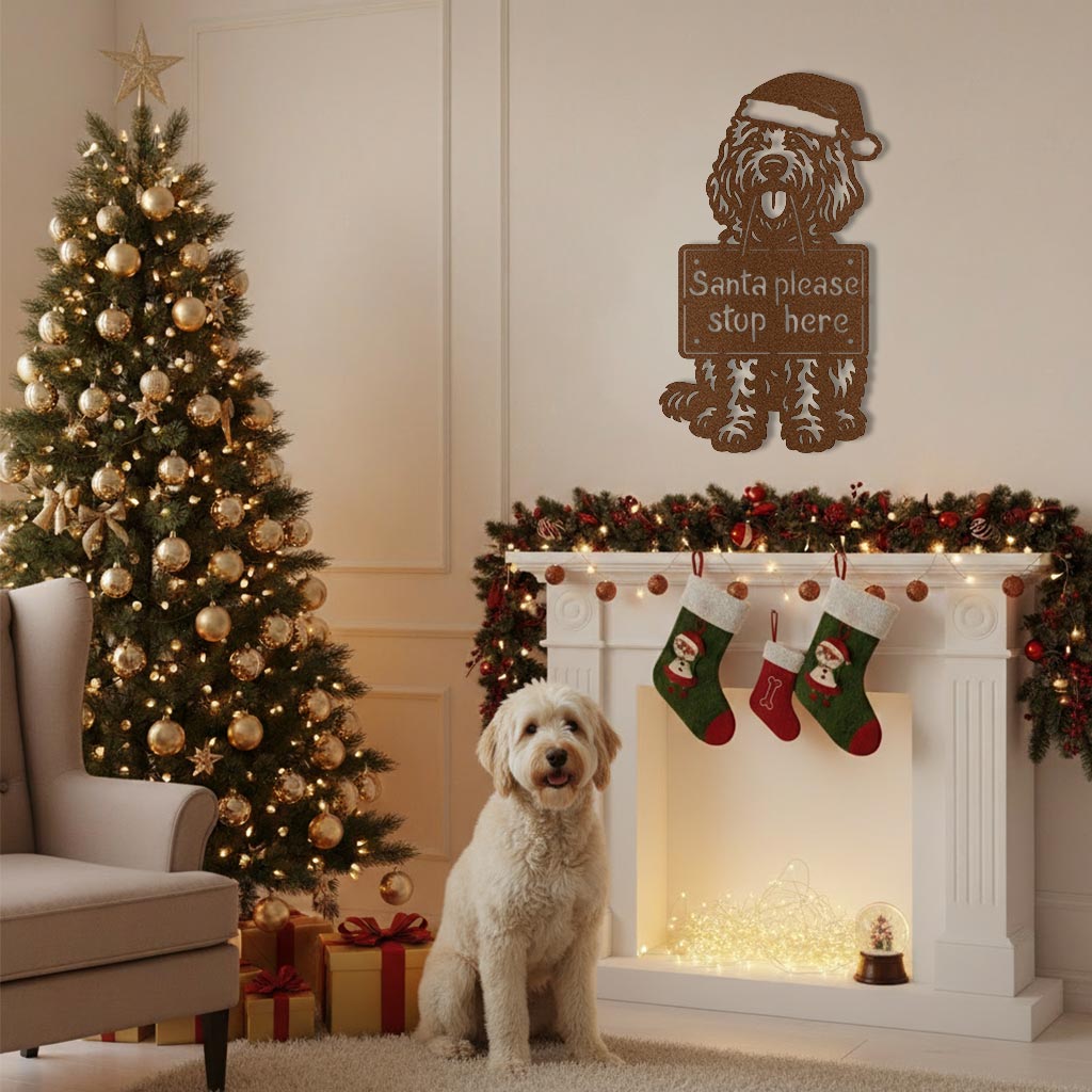 Goldendoodle Christmas Wall Sign – Dog with Santa Hat Metal Decor