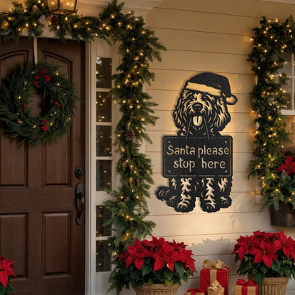 Goldendoodle Christmas Wall Sign – Dog with Santa Hat Metal Decor