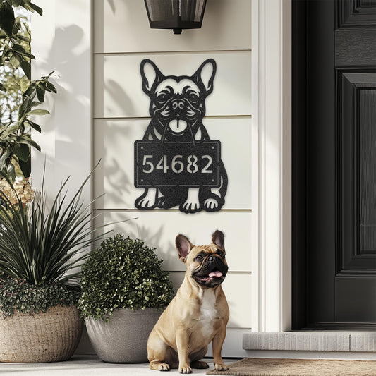 French Bulldog metal address sign mounted on a front porch wall with a real Frenchie sitting by the door – Prime Steel Studio