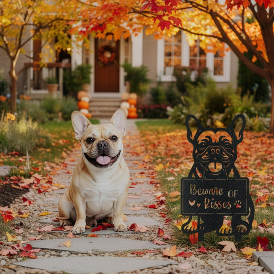 French Bulldog yard sign with “Beware of Kisses” message displayed in a fall garden next to a Frenchie