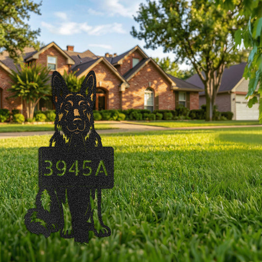 German Shepherd address garden stake with custom house number displayed on a front yard lawn – personalized metal sign by Prime Steel Studio
