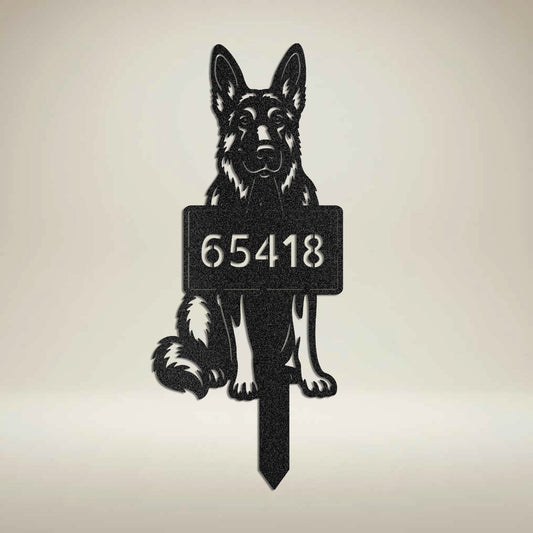 German Shepherd metal address garden stake in black finish with personalized house number – Prime Steel Studio