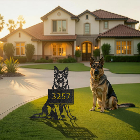 German Shepherd dog address sign with stake in black metal, custom house number displayed in front yard by driveway.