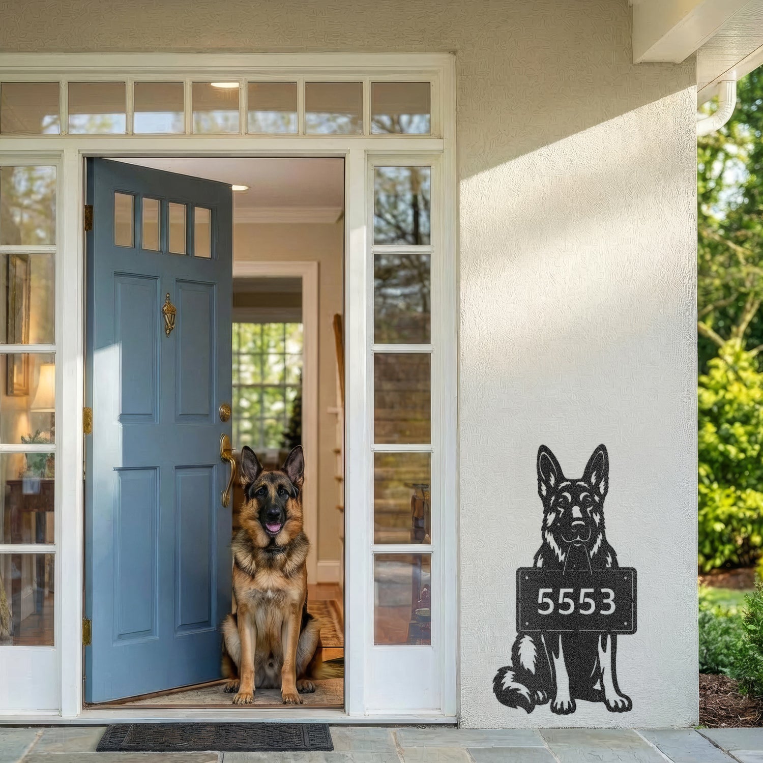 German Shepherd address wall sign in black metal mounted beside a blue front door with a German Shepherd dog sitting in the doorway