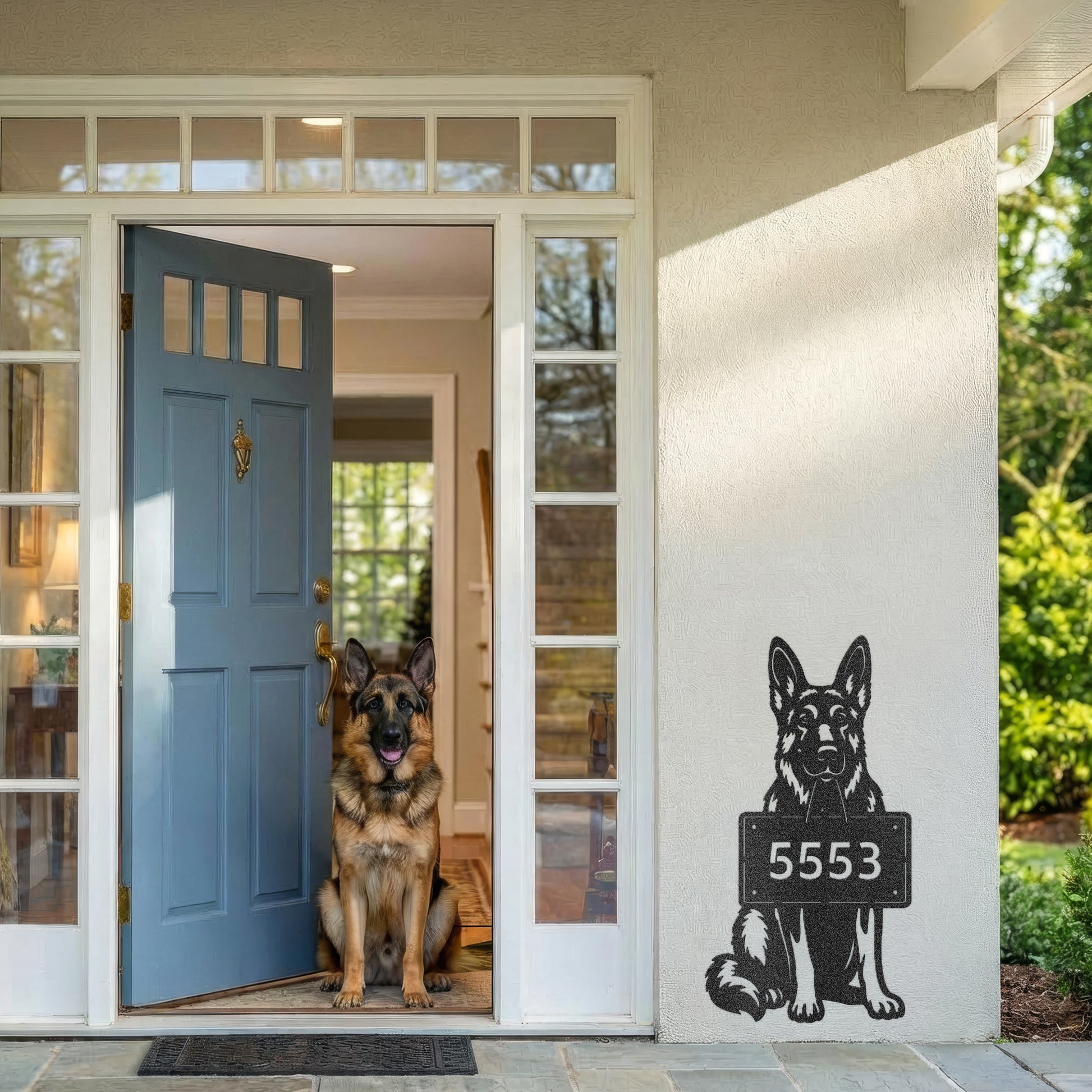 German Shepherd address wall sign in black metal mounted beside a blue front door with a German Shepherd dog sitting in the doorway