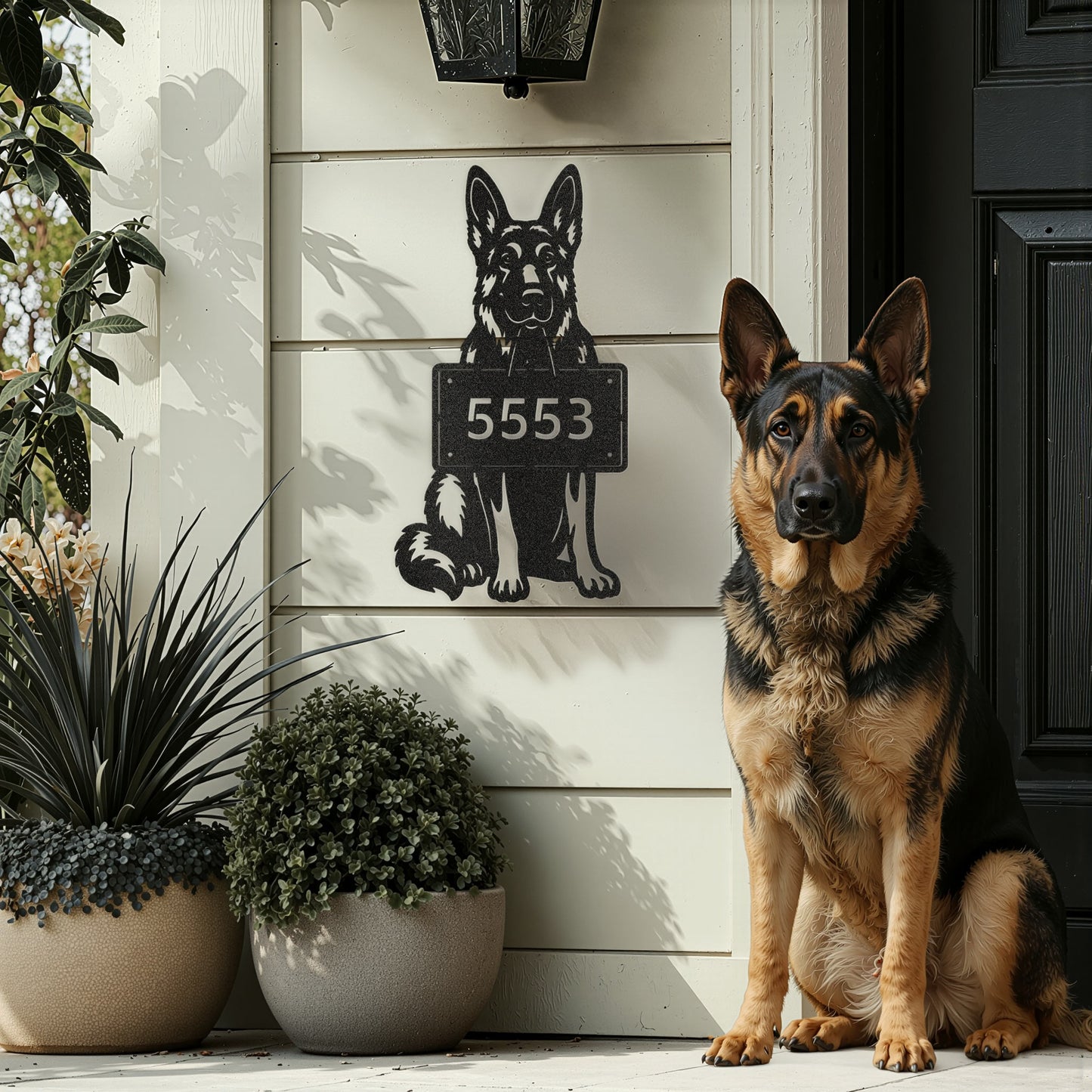 German Shepherd address wall sign in black powder-coated metal mounted by a front door, with a German Shepherd dog sitting beside it – Prime Steel Studio