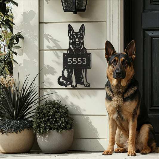 German Shepherd address wall sign in black powder-coated metal mounted by a front door, with a German Shepherd dog sitting beside it – Prime Steel Studio