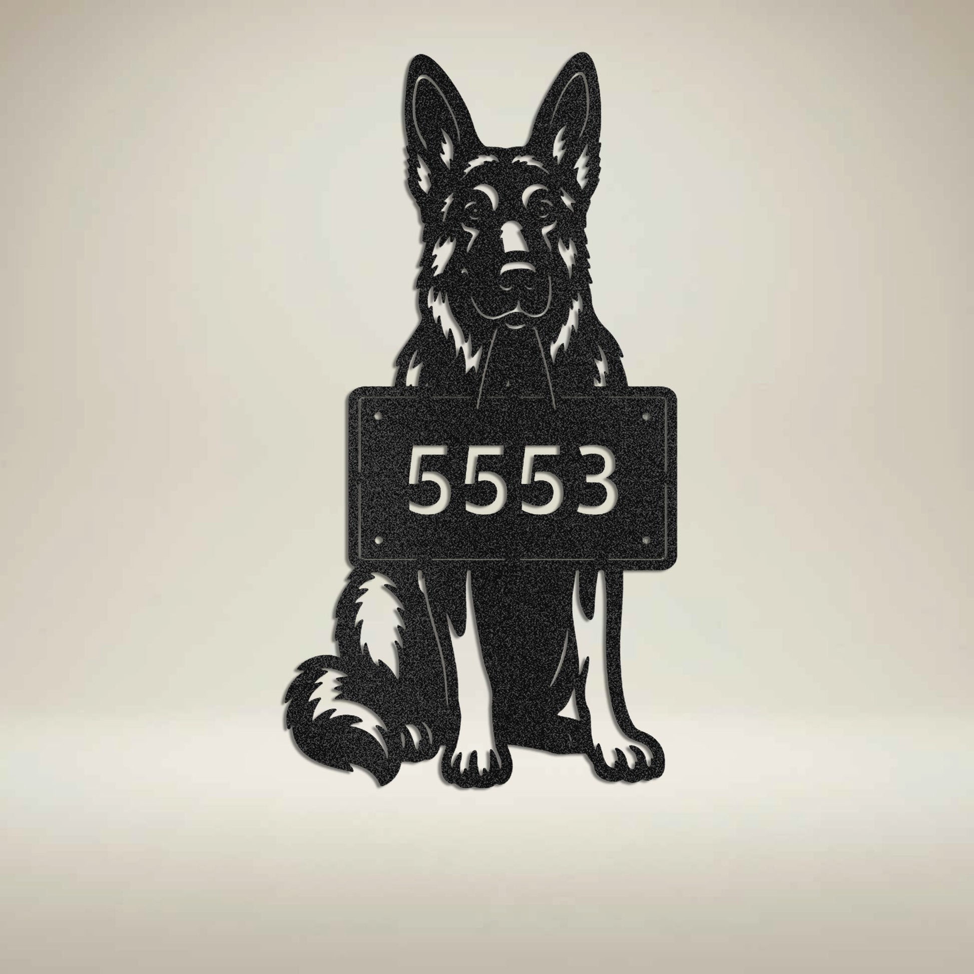 German Shepherd metal address wall sign in black powder-coated finish with personalized house number – Prime Steel Studio