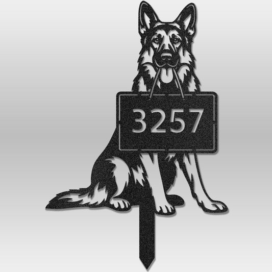 Black German Shepherd dog metal address sign with stake showing custom house number, outdoor yard house number sign.