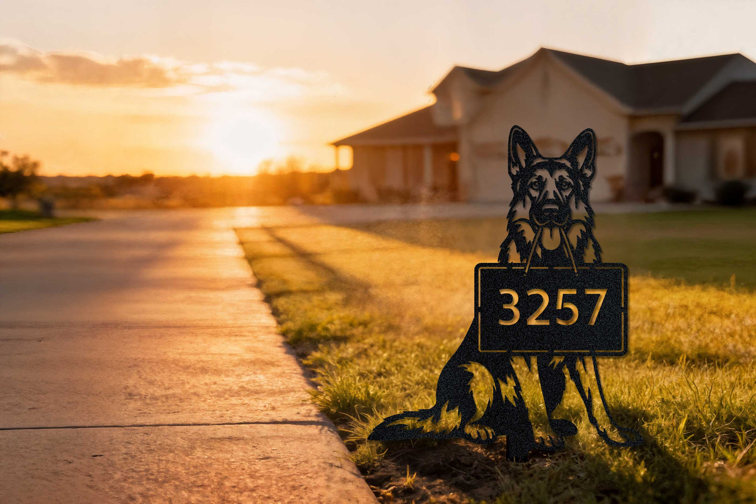 German Shepherd dog address sign with stake in black metal showing custom house number 3257, personalized yard sign for front lawn, sunset home exterior scene.
