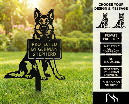 German Shepherd metal yard sign with multiple message options including private property and no trespassing