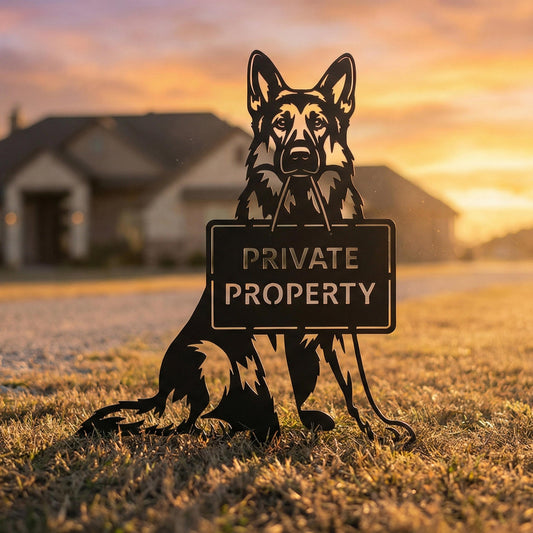 German Shepherd private property metal dog garden stake sign in front yard at sunset