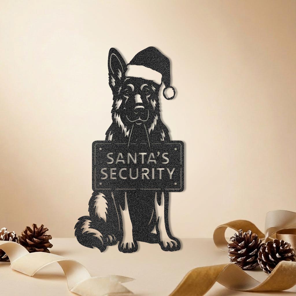 German Shepherd Santa’s Security black metal wall sign with Santa hat – Christmas dog décor by Prime Steel Studio