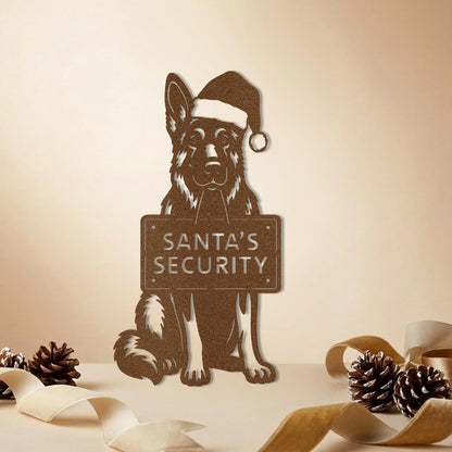 German Shepherd Santa’s Security copper metal wall sign with Santa hat – holiday German Shepherd décor by Prime Steel Studio