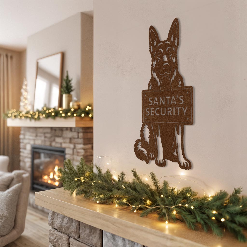 German Shepherd Santa’s Security copper metal wall sign above fireplace – cozy Christmas living room décor by Prime Steel Studio