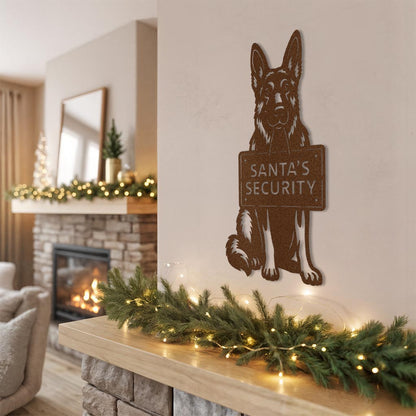 German Shepherd Santa’s Security copper metal wall sign above fireplace – cozy Christmas living room décor by Prime Steel Studio