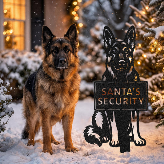 German Shepherd Santa’s Security garden stake lifestyle image– Prime Steel Studio holiday dog decor