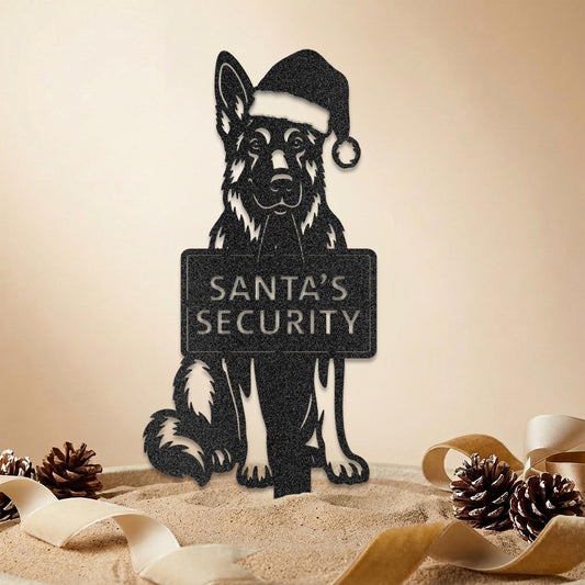 German Shepherd Santa’s Security metal sign with Santa hat – Prime Steel Studio holiday dog decor