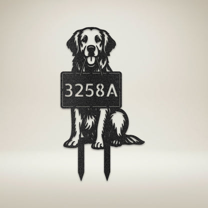 Black Golden Retriever metal address garden stake with custom house number 3258A