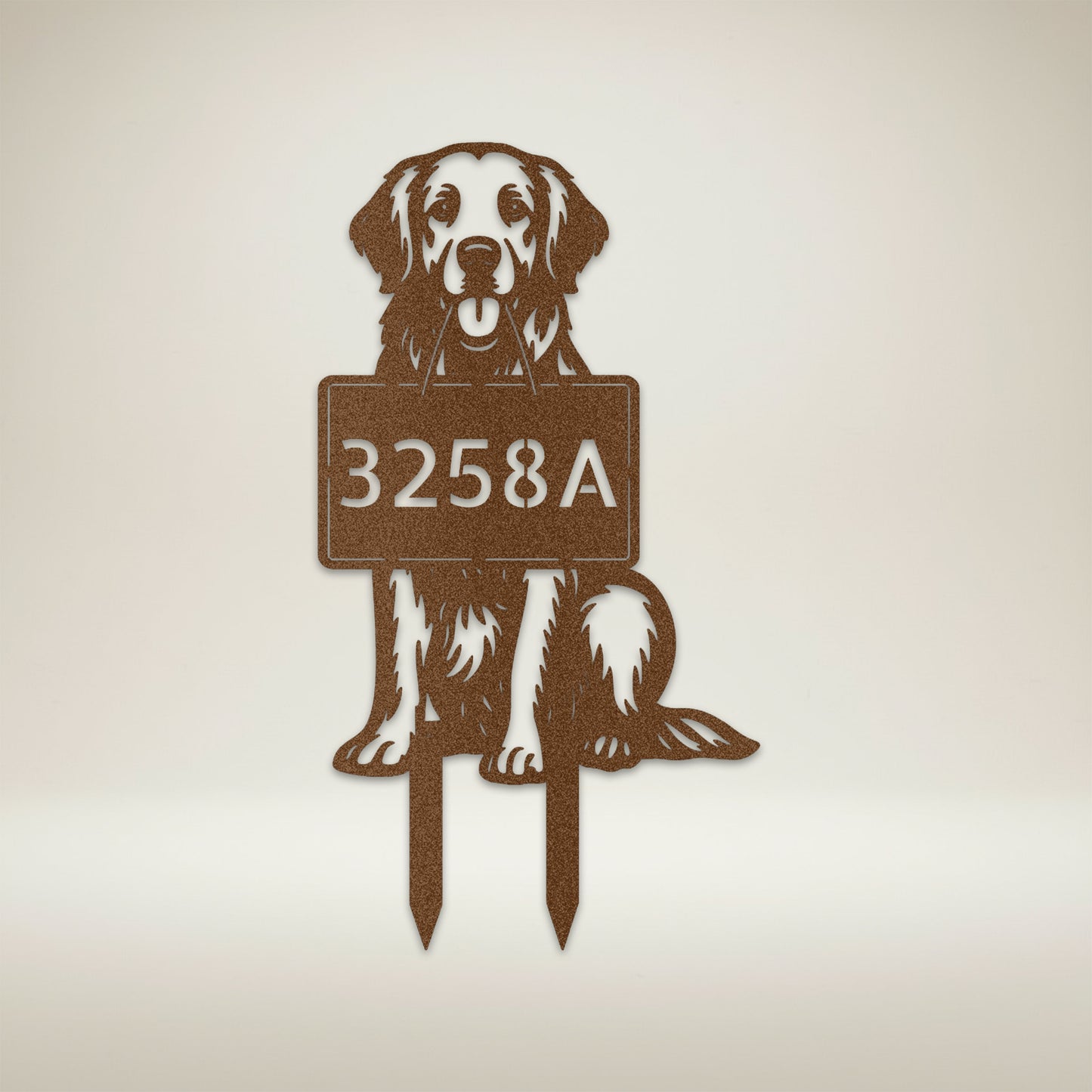 Copper Golden Retriever address garden stake with cut-out house number 3258A