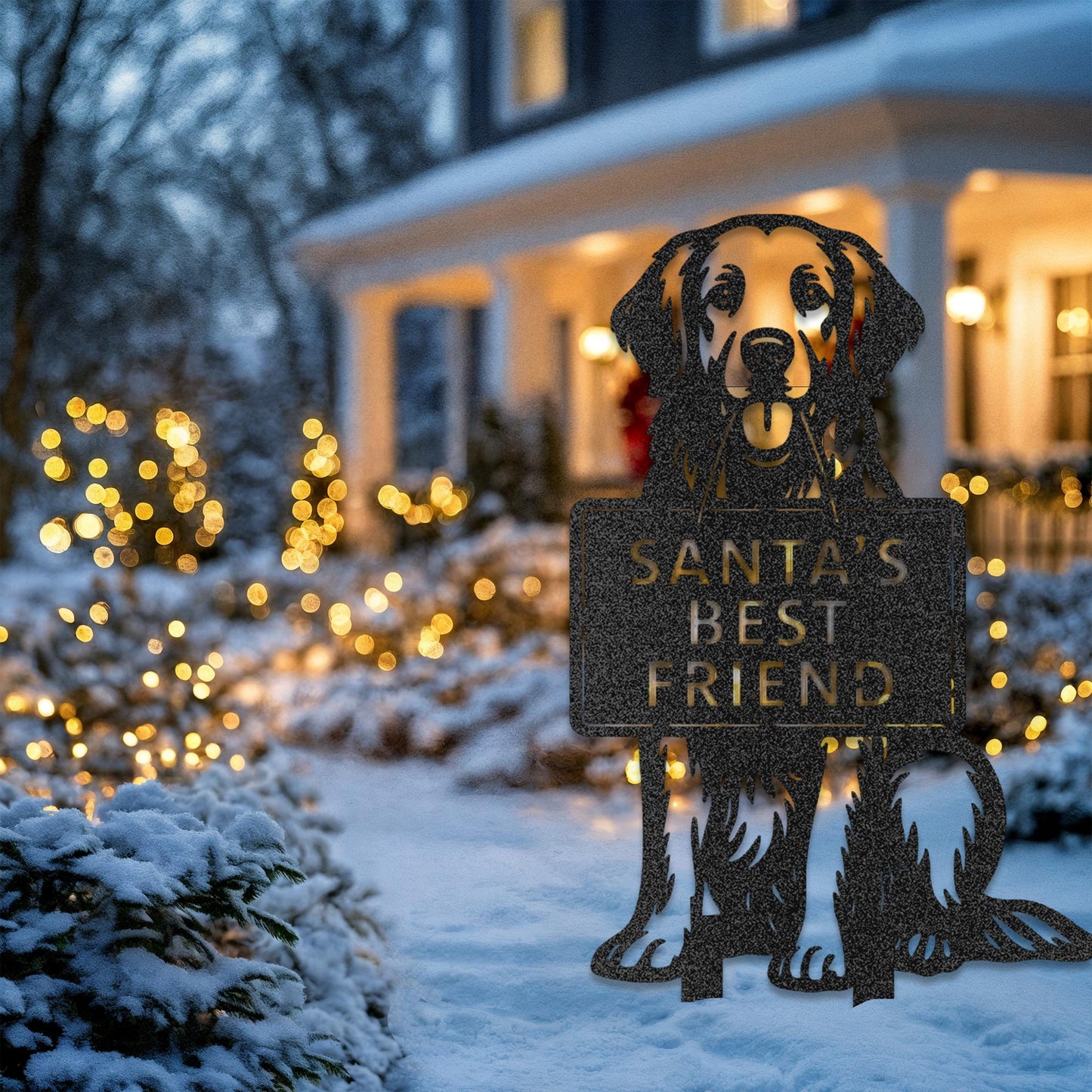 Golden Retriever Christmas dog garden stake – Santa’s Best Friend – metal dog holding sign in snowy yard holiday decor.