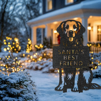 Golden Retriever Christmas dog garden stake – Santa’s Best Friend – metal dog holding sign in snowy yard holiday decor.