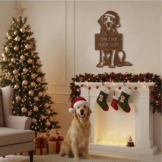 Golden Retriever Christmas wall sign in copper finish – On the Nice List – displayed above holiday fireplace decor.