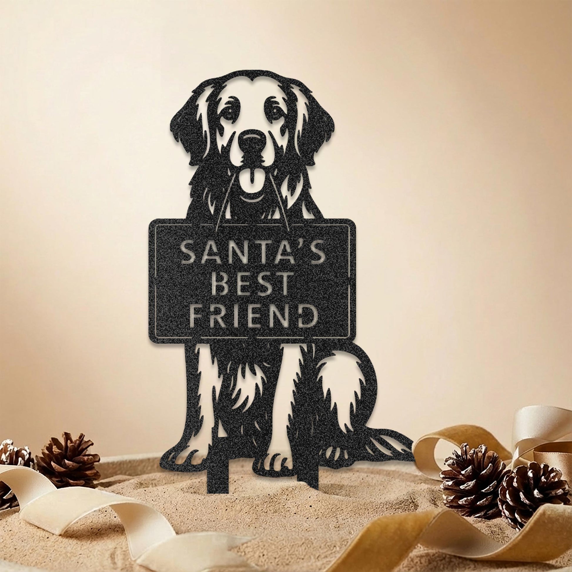 Golden Retriever Christmas metal dog garden stake – Santa’s Best Friend – black dog holding sign, festive yard and garden decor.