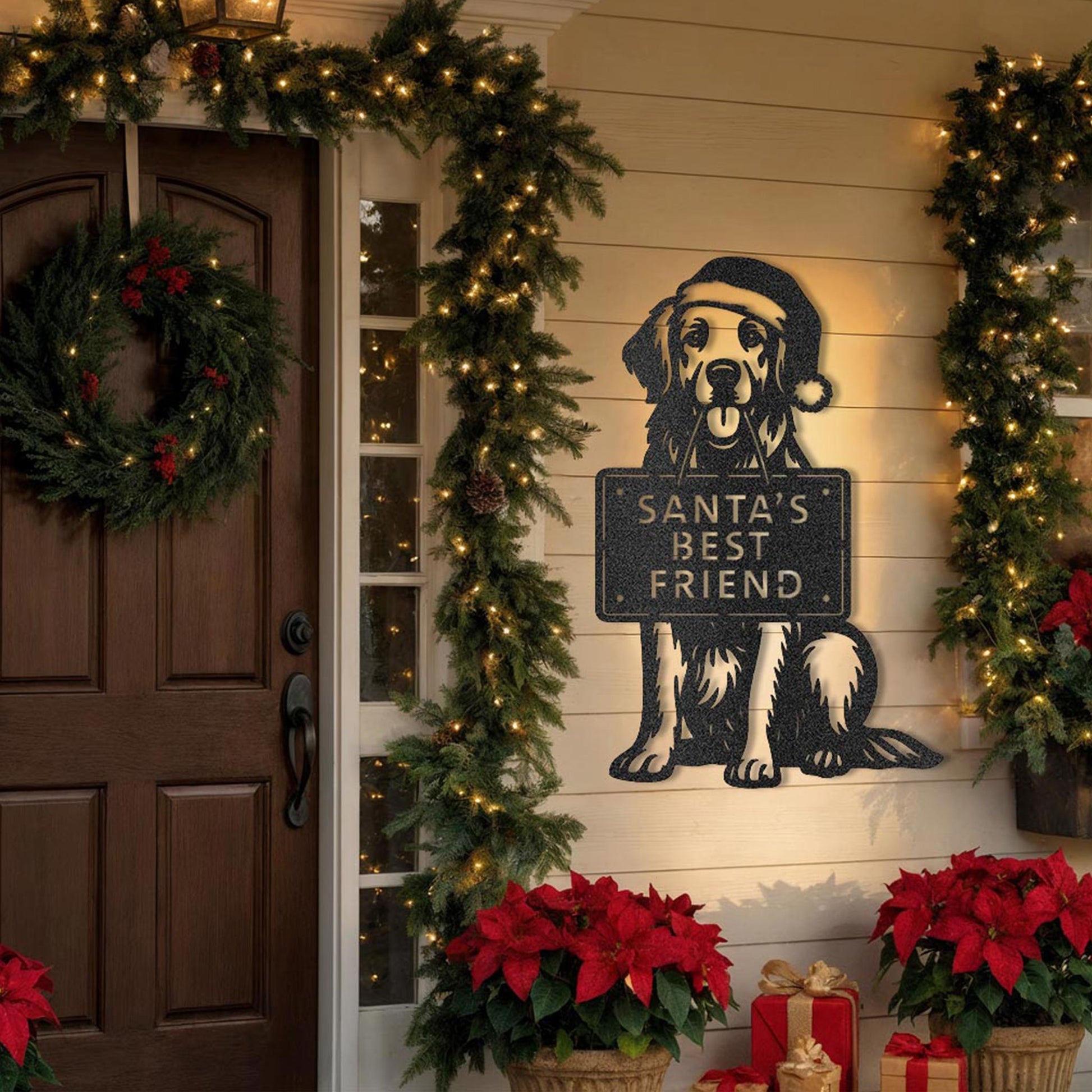 Golden Retriever Christmas wall sign – Santa’s Best Friend – displayed on holiday porch with wreath and lights.