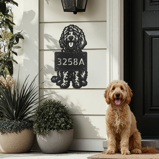 Personalized Goldendoodle metal address wall sign with house number mounted by a front door next to a Goldendoodle.