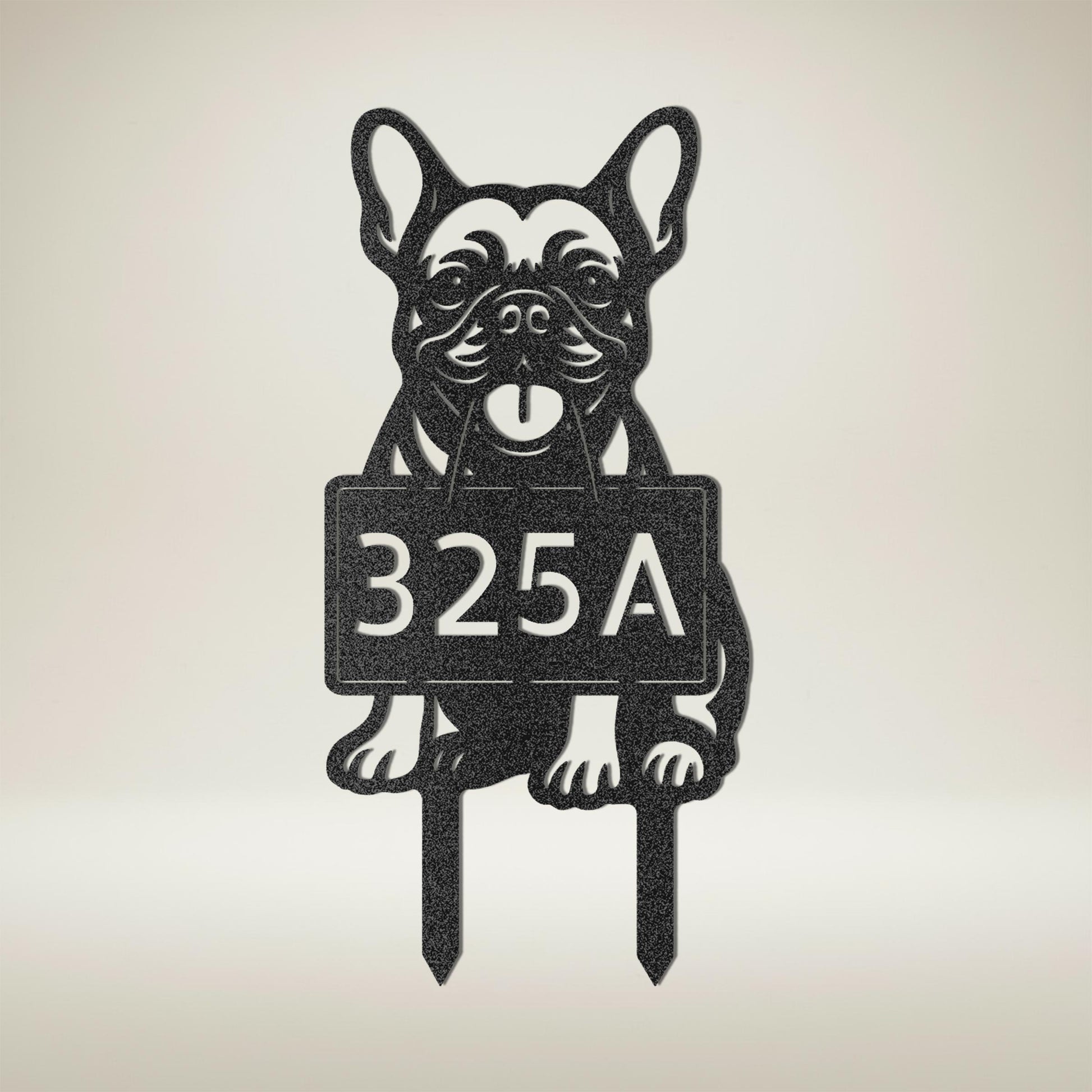Black French Bulldog metal address garden stake showing house number 325A on a light studio background
