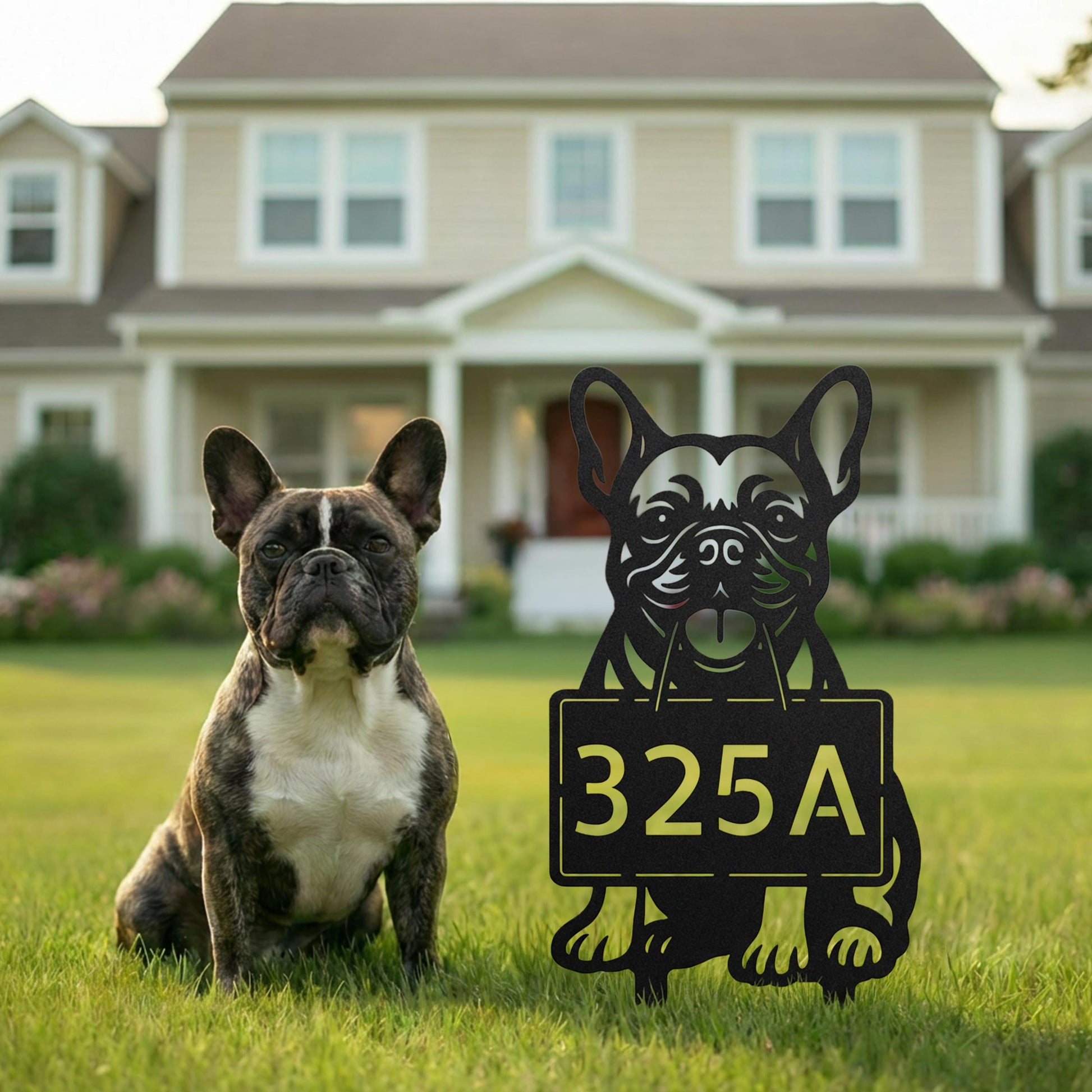 French Bulldog address yard sign with number 325A displayed on a front lawn beside a brindle Frenchie and a suburban home