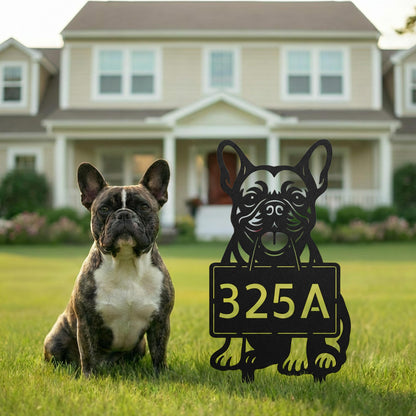 French Bulldog address yard sign with number 325A displayed on a front lawn beside a brindle Frenchie and a suburban home