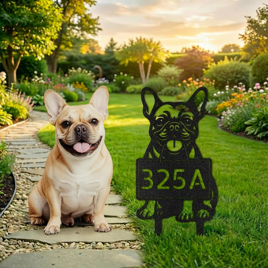 French Bulldog address garden stake with house number 325A next to a fawn Frenchie in a lush backyard at sunset