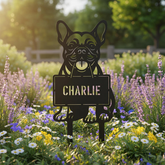 Black French Bulldog name garden stake with CHARLIE placed in colorful flower garden