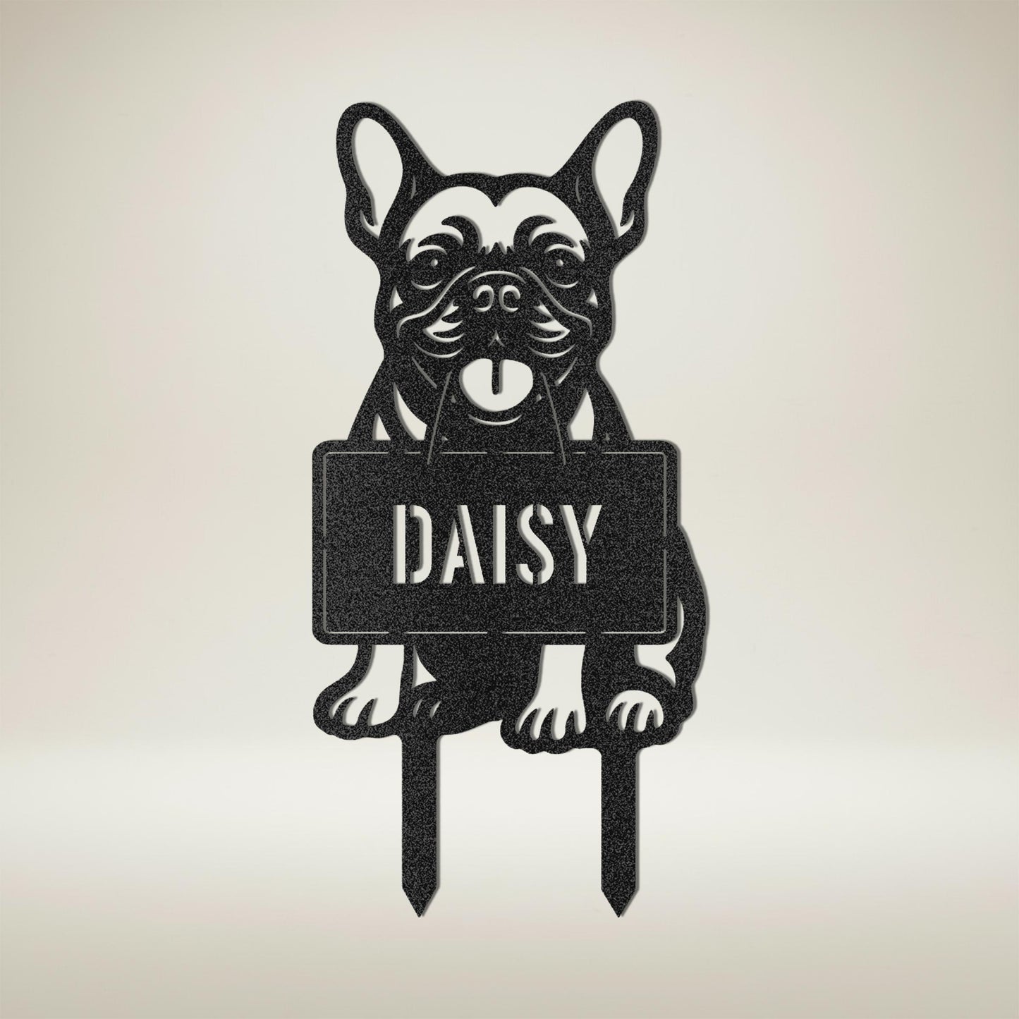 French Bulldog personalized name garden stake with DAISY on rectangular plate in black metal