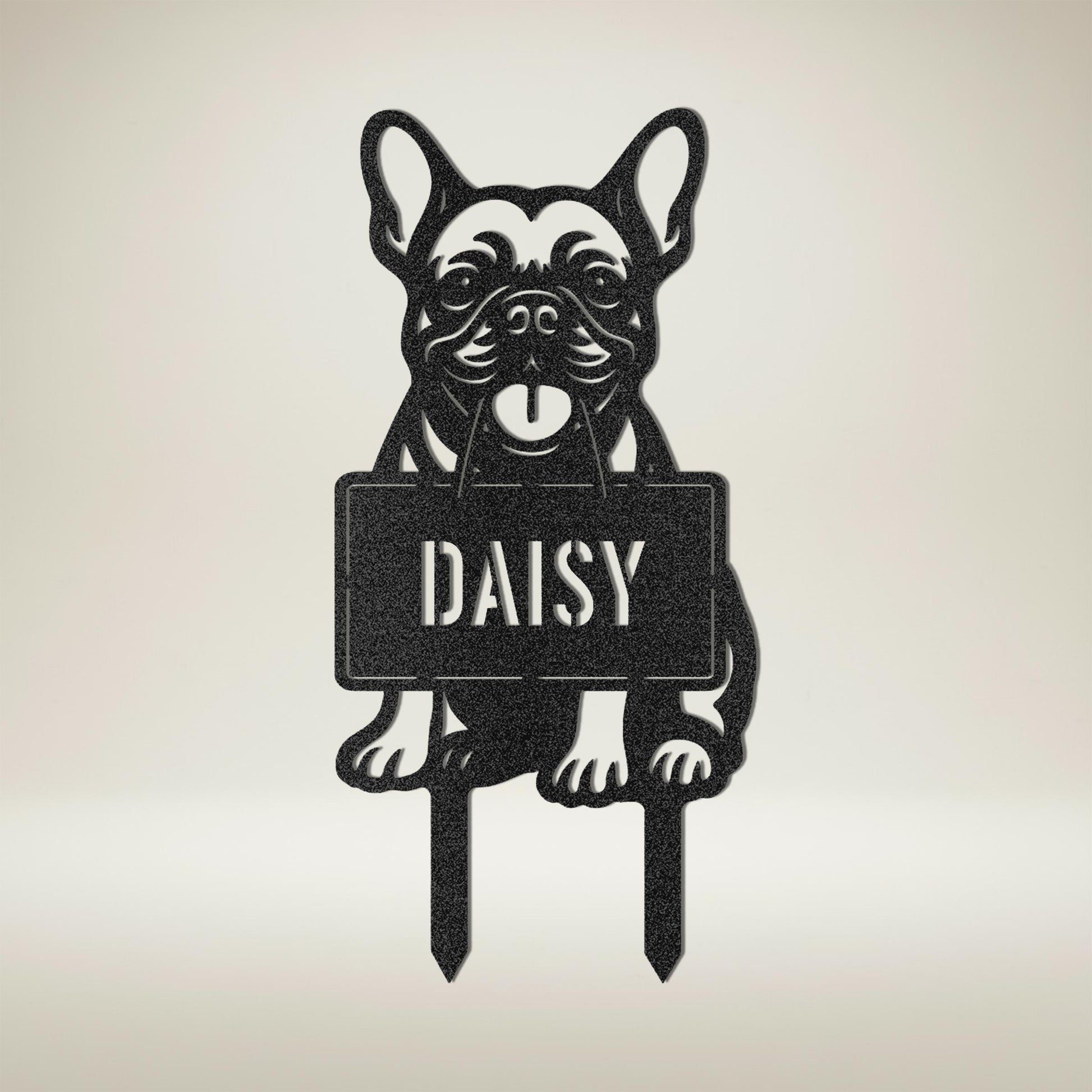 French Bulldog personalized name garden stake with DAISY on rectangular plate in black metal
