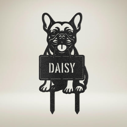 French Bulldog personalized name garden stake with DAISY on rectangular plate in black metal